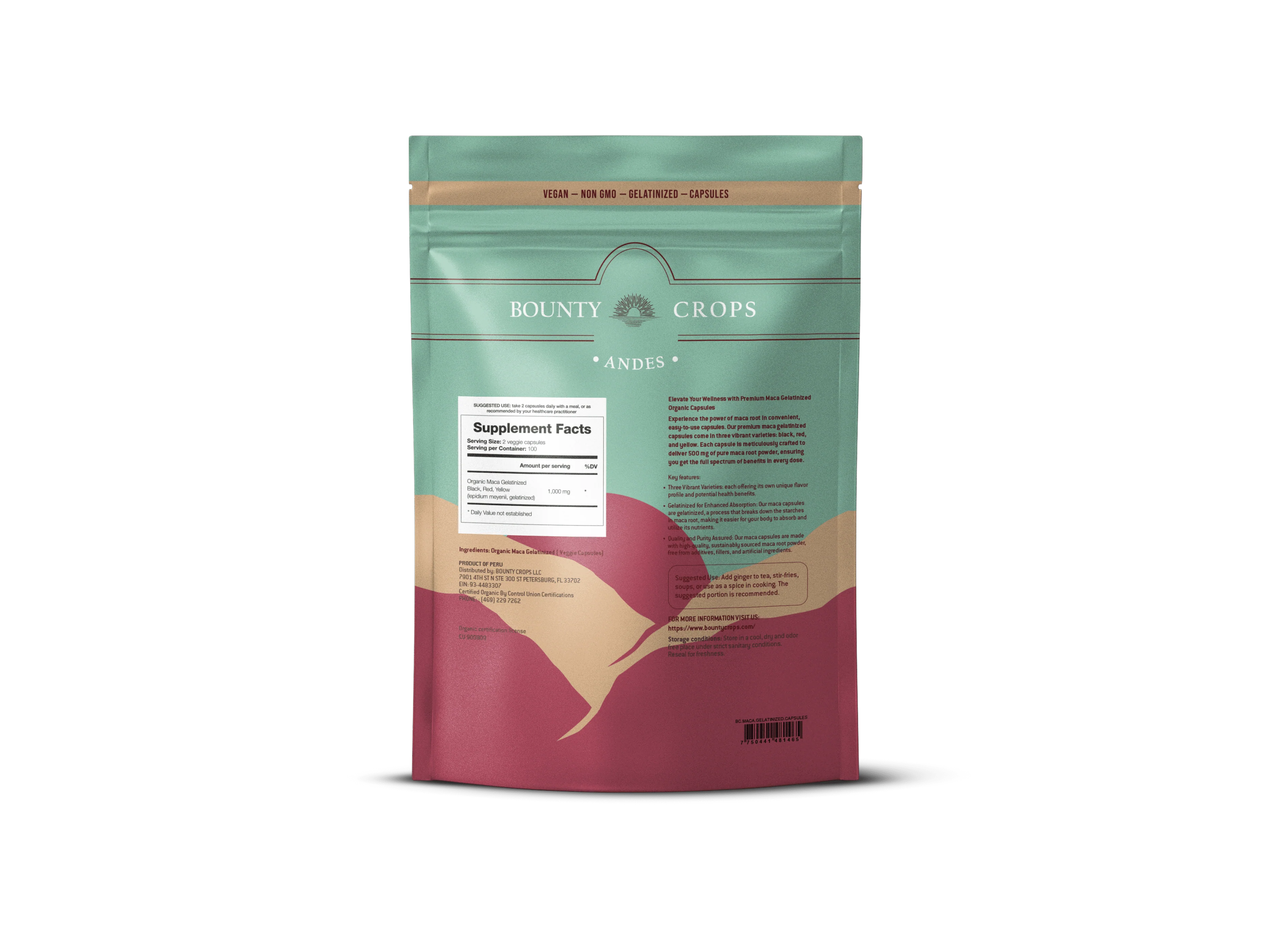 Organic Maca Root Capsules, Gelatinized, 200 units - 500mg. per capsule ($0.11 x capsule) - Image 2