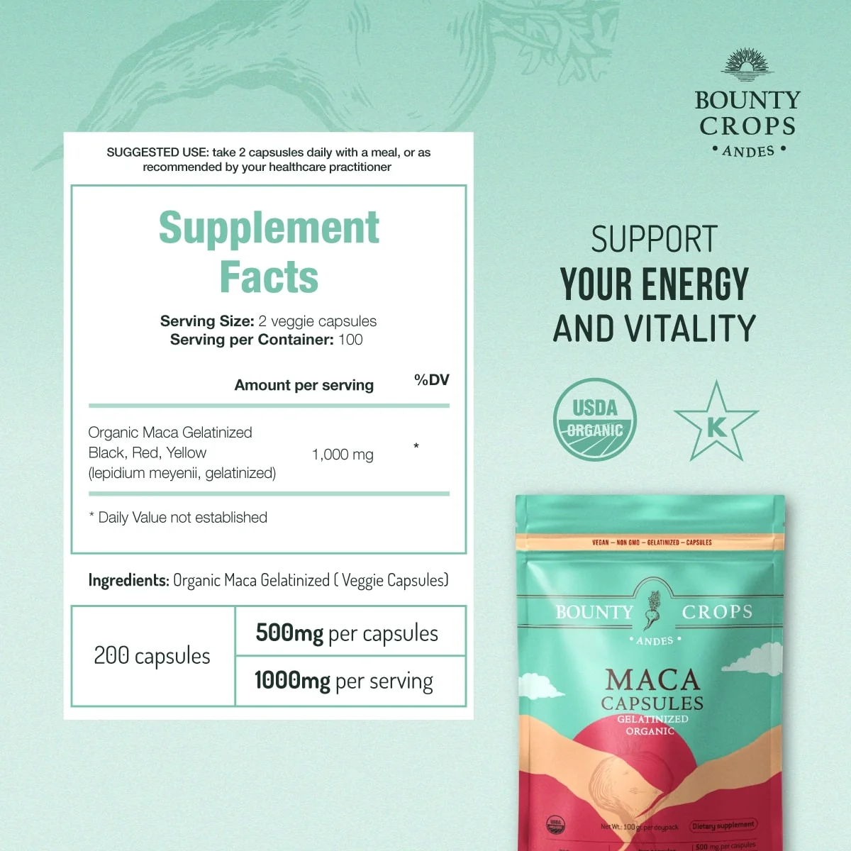Organic Maca Root Capsules, Gelatinized, 200 units - 500mg. per capsule ($0.11 x capsule) - Image 3