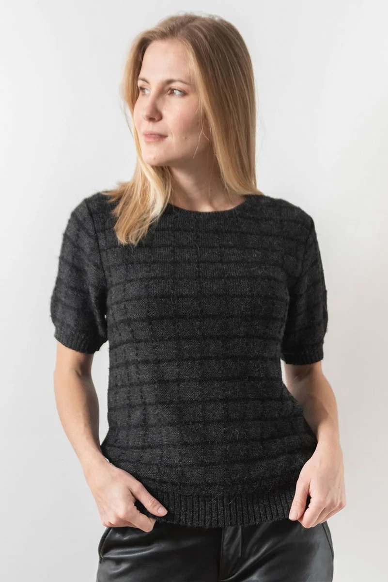 Plaid Short Sleeve Baby Alpaca Sweater - Image 2