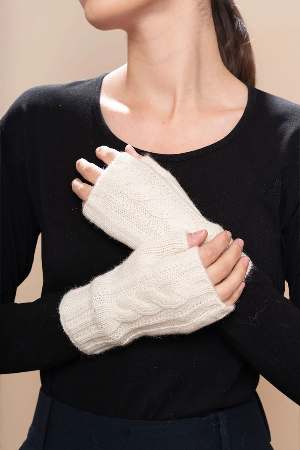 Cable Knit Fingerless Alpaca Gloves - Image 6